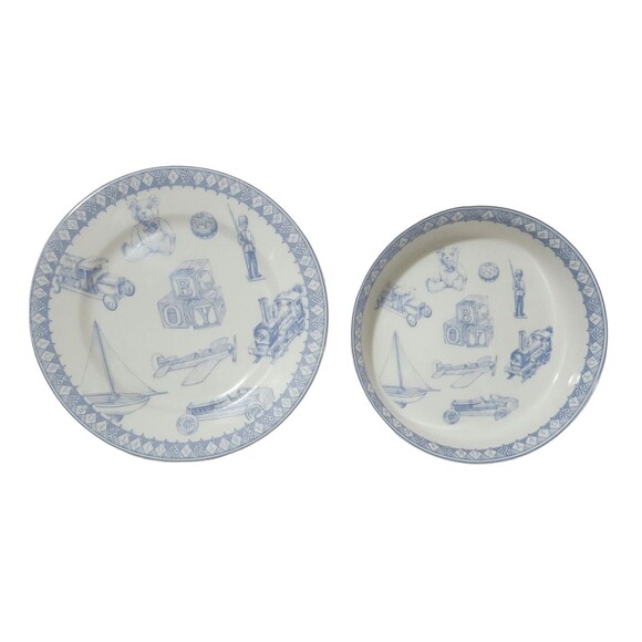Queen's Other - Queen's Porcelain Plate and Bowl Set for Boys White Blue Boys' Toys Pattern